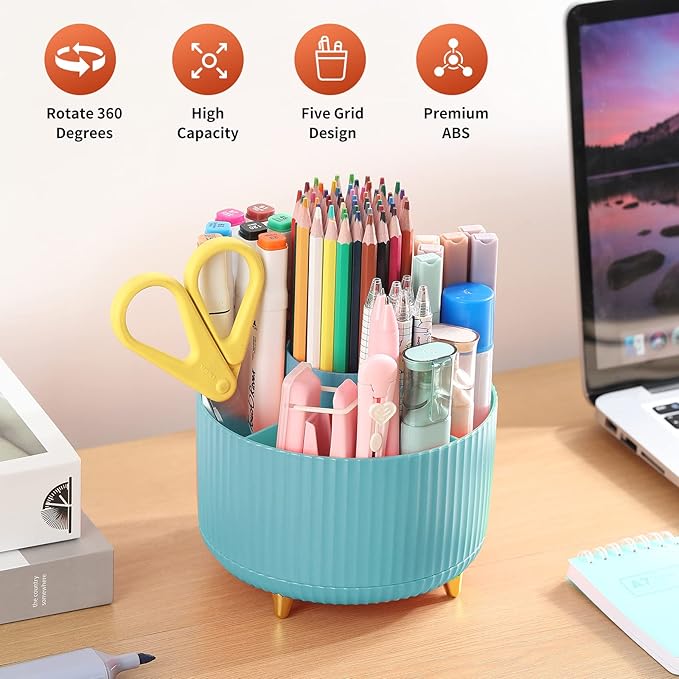 Desk Pencil Pen Holder, 5 Slots 360°Degree Rotating Organizers for, Desktop Storage Stationery Supplies Organizer, Cute Cup Pot Office, School, Home, Art Supply, Blue