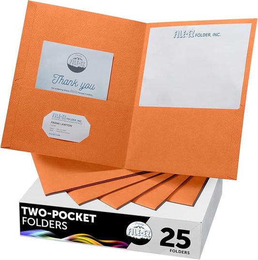 FILE-EZ Two-Pocket Folders, Orange, 25-Pack, Textured Paper, Letter Size (EZ-32565)