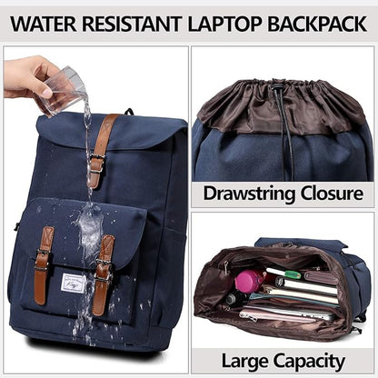 Kasqo Backpack for Men and Women, 15.6 Inch Laptop Backpack Large Capacity Water Resistant Drawstring Flap Bag College, Blue