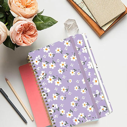 Spiral Notebook - A5 Spiral Notebooks, 8.3'' × 5.8'', 160 Pages, Aesthetic Journaling Notebooks for Women, College Lined Notebook with Elastic Closure, Back Pocket, for School Office, Purple Flower
