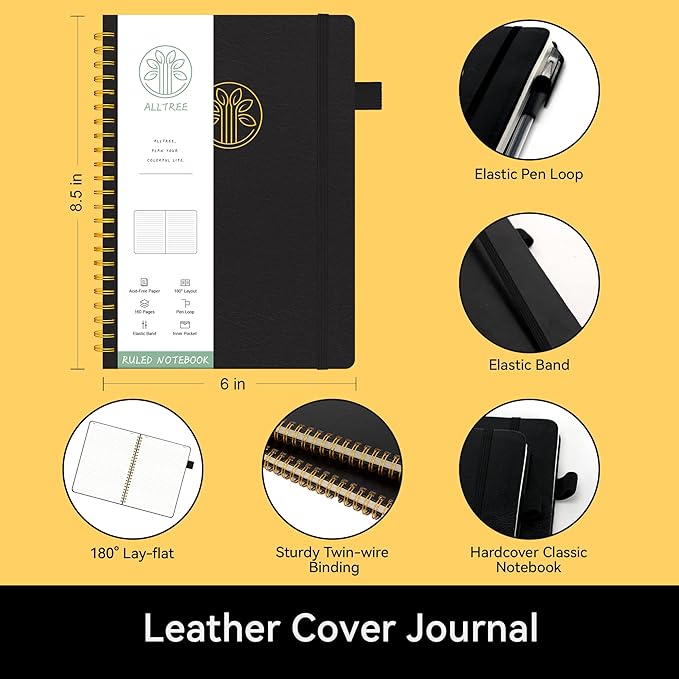 Alltree Lined Journal Notebook, Spiral Notebook for Work, Leather Hardcover Spiral Notebook with Tabs, Pen Loop, Pocket, Stickers, 160 Pages, Journal for Women & Men, Black(6"x8.5")
