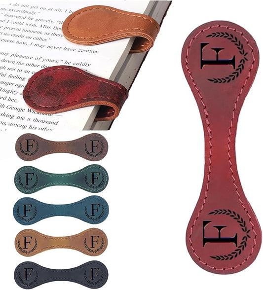 Personalized Magnetic Leather Bookmark, 26 Letters Custom Leather Bookmarks, Handmade, Leather Magnetic Bookmark for Book Lovers Readers Women Kid(Red，F）
