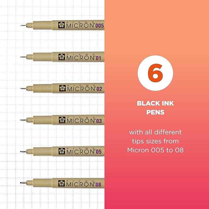 SAKURA Pigma Micron Fineliner Pens - Archival Black Ink Pens - Pens for Writing, Drawing, or Journaling - Assorted Point Sizes - 6 Pack