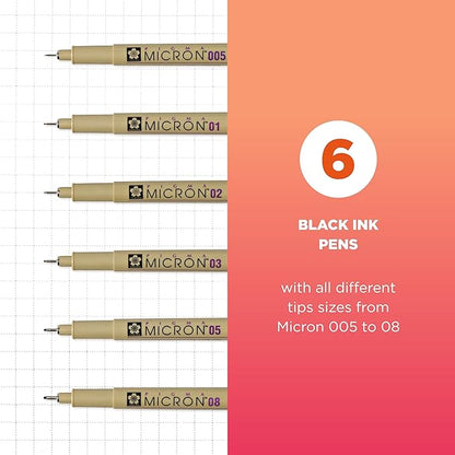 SAKURA Pigma Micron Fineliner Pens - Archival Black Ink Pens - Pens for Writing, Drawing, or Journaling - Assorted Point Sizes - 6 Pack