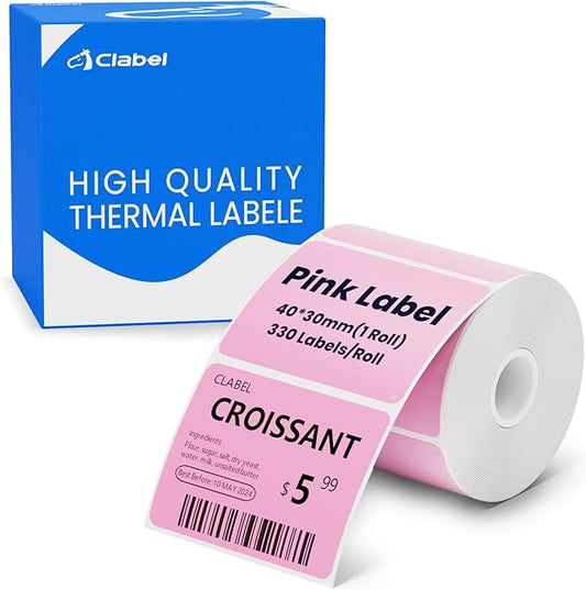CLABEL Thermal Label 1.57'' x 1.18'' (40x30mm) Self-Adhesive Stickers for 220B/221B/230B Label Maker 330 Labels/Roll Black Text on Pink Paper in Stronger Waterproof Tear-Resistant for Business Home