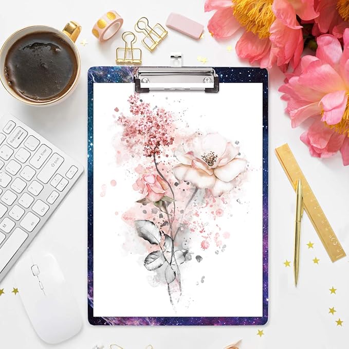 Clipboard Decorative, Clipboard Cute, WAVEYU A4 Letter Size Clip Board Pattern with Low Profile Clip, Retractable Key Hole for Hanging Paperboard for Office School Supplies, Nebula Black (12.5"x9")