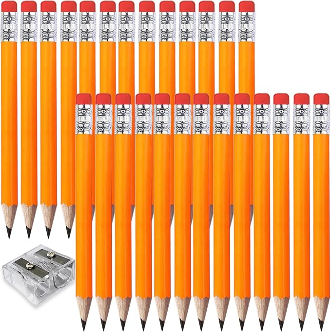 Adhere 25pcs Golf Pencils with eraser Hexagon Wooden Pencils Graphite 2B for Golf Event Scoring,Classroom,Wedding,Company Meetings,Pew, Pocket (z-Orange・Round ・50pcs)