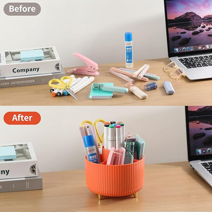 Desk Pen Holder, 5 Slot 360 Rotating Pen Organizer for Desk, Desktop Storage Stationery Supplies Organizer, Cute Pencil Cup Pot for Office, School, Home, Art Supply, Orange