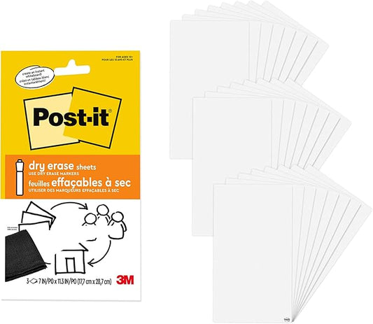 Post-it Dry Erase Sheets, 7 in x 11.3 in, Sticks Securely and Removes Cleanly (DEFSHEETS-3PK) (Pack of 8, 24 Count)