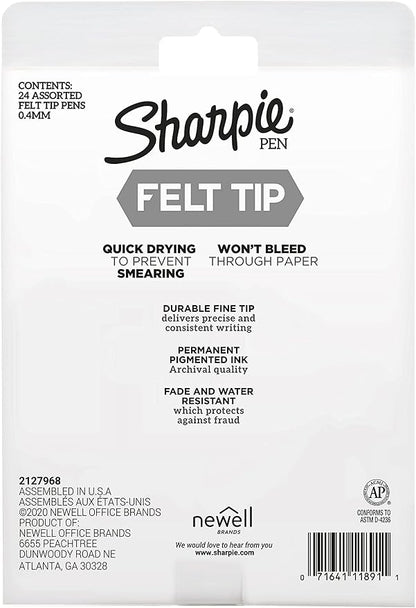 Sharpie Felt Tip Pens, Fine Point (0.4Mm) Felt Tip Markers, Journaling Pens, Art Markers, Drawing Markers, Assorted Colors, 24 Count