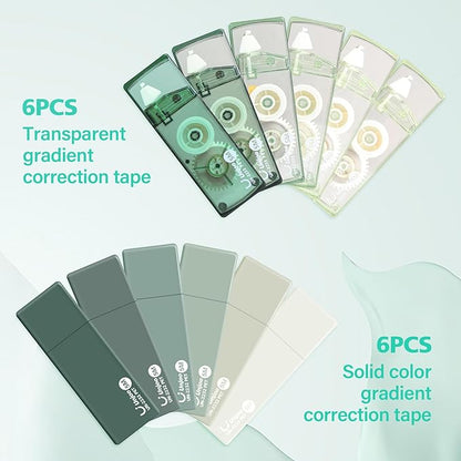 White Correction Tape, Easy To Use Cute Applicator for Instant Corrections, For school, Office Workers (Gradient Green, 5M/196" x 0.2",12pack)