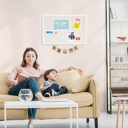 OWLKELA 20'' x 30'' Linen Bulletin Board, White Framed Corkboard, White Oak Frame Linen Cork Board, Vision Board and Decorative Hanging Pin Board