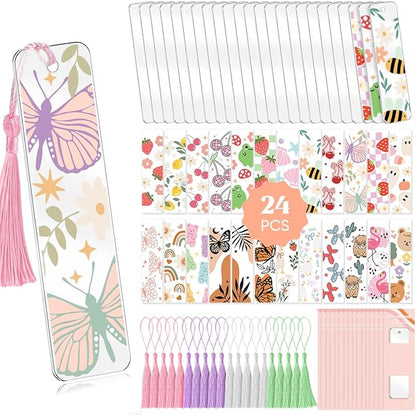 48PCS Bookmark Making Kit, 24 Acrylic Bookmark Blanks with 24Pcs Tassels, 24 UV Stickers about Fruit Theme, DIY Blank Bookmarks Waterproof UV DTF Transfers Stickers for Clear Bookmarks DIY Projects