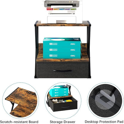 aboxoo Printer Stand For Desk With Storage Drawer, 2 Tier Desktop Or Under Desk Shelf, Multi-Purpose Desk Organizer For Home Office, fit Fax Machine/3D Printer/Scanner, Rustic Brown