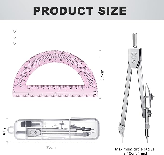 EBOOT Student Geometry Math Set, Drawing Compass and 6 Inch Swing Arm Protractor 180 Degree Math Protractor (Pink)