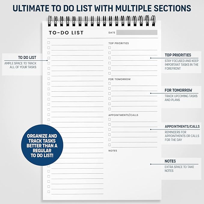 To Do List Notepad 3 Pack: Has Multiple Functional Sections - 6.5 x 9.8" 60 Sheets - Spiral Daily Planner Notebook - Task Checklist Organizer Agenda Pad for Work, Note and Todo Organization