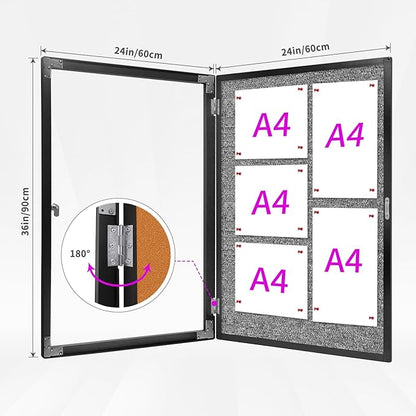 Outdoor Enclosed Bulletin Board, Grey Felt Weatherproof Notice Noticeboard with Clear Acrylic Locking Door, Wall-Mounted Black Aluminum Framed Display Case,36x24in (5xA4)