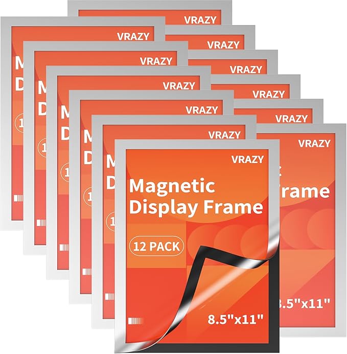 12Pack Magnetic Sign Holder 8.5 x 11 Wall Mount, Self Adhesive Display Magnetic Picture Frames Sheet With Strong Magnet Border for Window/Door/Fridge, Document Poster Paper Holders for Home Office Store, Silver