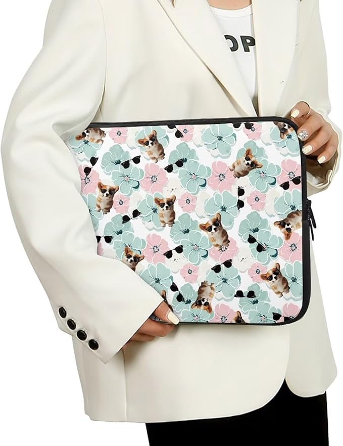 Corgi Dog Printed Computer Bags for Laptops for Women Men, Shockproof 12 Inch Laptop Case Bag Floral Print Messenger Bag with Zipper, Laptop Case Computer Carrying Cover Easy to Carry