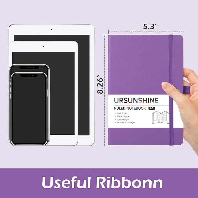 Ruled Notebook/Journal - Classic Lined Journal/Notebook, 5.3'' x 8.26'', Hardcover with Thick Paper, Banded + Pen Holder +Inner Pocket - Lavender