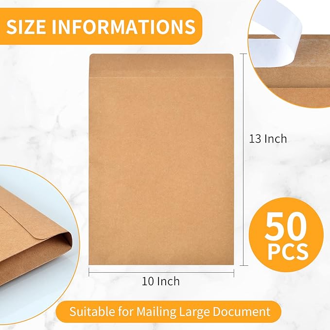 50 Pieces Expandable Envelopes 10x13x2 Large Kraft Envelopes 10x13 Catalog Envelopes Peel and Seal for Home Office Business Storage and Organizing (50)