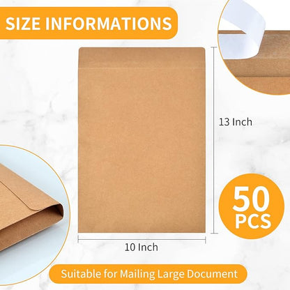 50 Pieces Expandable Envelopes 10x13x2 Large Kraft Envelopes 10x13 Catalog Envelopes Peel and Seal for Home Office Business Storage and Organizing (50)