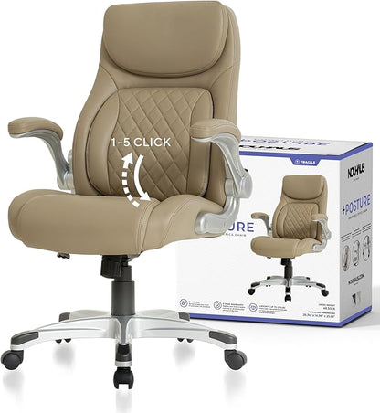Nouhaus +Posture Ergonomic PU Leather Office Chair. Click5 Lumbar Support with FlipAdjust Armrests. Modern Executive Chair and Computer Desk Chair (Taupe)