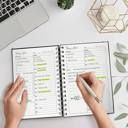 Undated Daily Planner,Undated Planner with Hourly Schedules, Daily Organizer Notebooks for work, Spiral Appointment Planner for Men and Wome, To Do List Notebook for Time Management, Elastic Closure, Pocket(Light Blue)