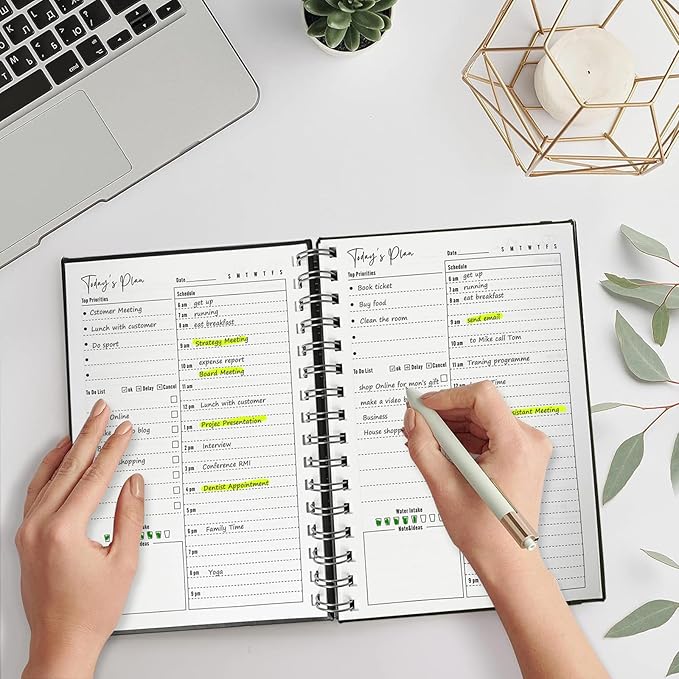 Undated Daily Planner,Undated Planner with Hourly Schedules, Daily Organizer Notebooks for work, Spiral Appointment Planner for Men and Wome, To Do List Notebook for Time Management, Elastic Closure, Pocket(Orange)