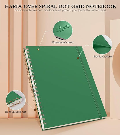 Dotted Notebook, Spiral Notebook Journal 8.5” x 11”, A4 Large Dot Grid Notebooks for Women Men, 100 GSM Dotted Paper, Plastic Hardcover Spiral Bullet Dotted Journals for Work School Sketching, Green