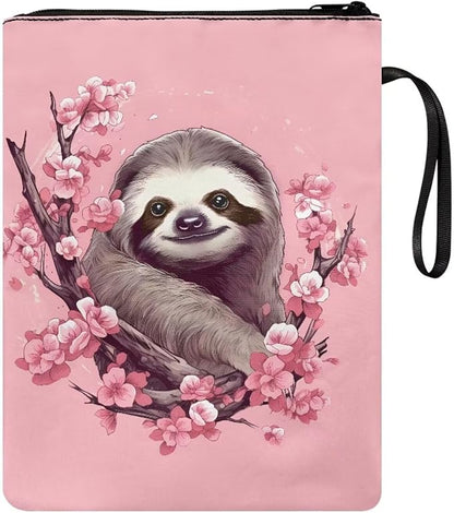 COEQINE Sloth Book Sleeve for Women Pink Cherry Blossom Book Covers for Hardcover Paperbacks Front Pocket Zipper Book Cover Case
