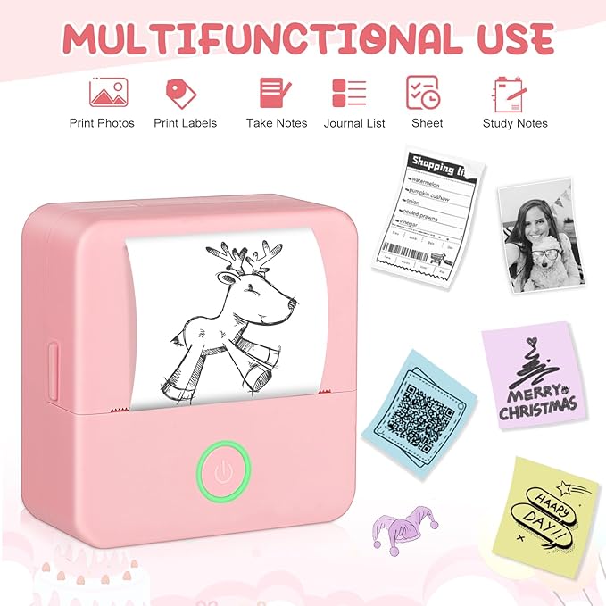 Mini Thermal Printer, Portable Mini Printer with 10 Rolls Printing Paper, Sticker Printer Machine, Mini Pocket Printer for Photos, Journals, DIY, Study Printer Compatible with Android & iOS