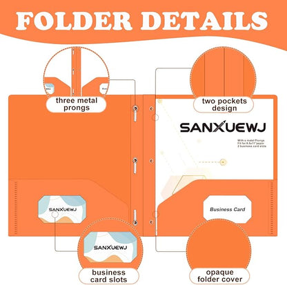30 Pack Two Pocket Folders Business Card Holder Plastic Folders with Prongs for School Office Filing Cabinet Resume Portfolio (Orange)