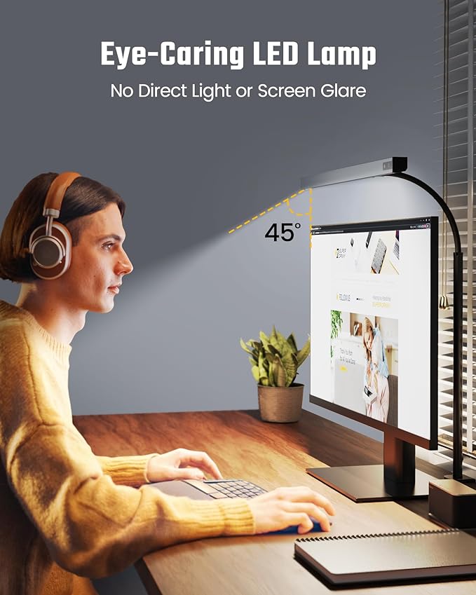 SUPERDANNY LED Desk Lamp for Office Home, Eye-Caring Desk Light with Adjustable Gooseneck, 12W Touch Control Dimmable Brightness, Architect Clamp Lamp with USB Adapter, Grey