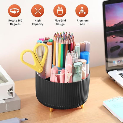 Desk Pencil Pen Holder, 5 Slots 360°Degree Rotating Pencil Pen Organizers for Desk, Desktop Storage Stationery Supplies Organizer, Cute Pencil Cup Pot for Office, School, Home, Art Supply, Black