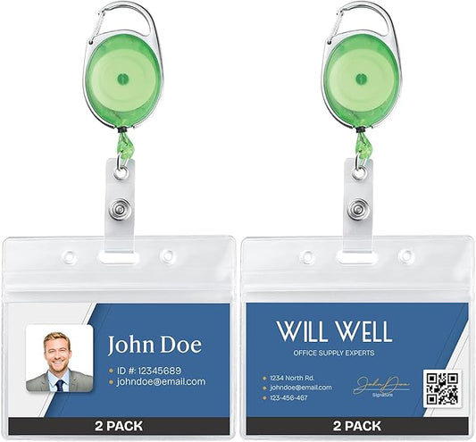 Will Well ID Badge Holders with Clip and Keyring - Horizontal Clear Plastic 3.7" x 2.5" Sleeves Fit Up to 3 Cards - Retractable 24" UHMWPE Fiber Pull Cords - 2-Pack, Transparent Green Reels