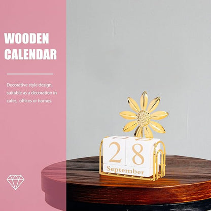 SUPVOX Wooden Block Calendar for Desk Daily Desktop Perpetual Calendar Wood Month Date Display Blocks Farmhouse Desk Accessories for Home Office Decor Reusable Yearly Sunflower Design
