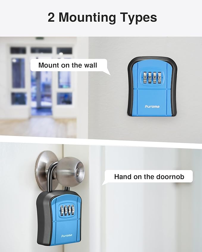 Puroma Key Lock Box, Portable Combination Lockbox Wall-Mounted Key Storage Box for House Keys, Resettable Code Safe Security Lock Box for Home, Office, Apartment Spare Key Storage (1 Pack, Blue)