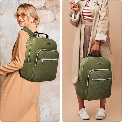 Modoker 15.6 Inch Laptop Backpack for Women, Quilted Work Backpack for Women Bookbag Teacher Backpack, Travel Backpack with USB Charging Port, Backpack Purse for Women Nurse, Green