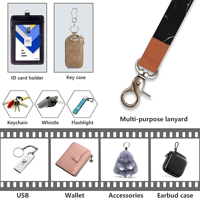 Black Marble Lanyard, Long Neck Lanyard with Metal Clasp, Sturdy Durable Women Men Id Badge Lanyard, Neck Lanyard Strap Ideal for Car Keys, Card Holder, Whistle, Keychain, Wallet