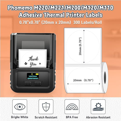 Phomemo Thermal Sticker Label Paper, Multi-Purpose Self-Adhesive Tag for M120/M110/M100/M200/M220/M150/M250 Label Maker Machine, 0.78"x0.78"(20X 20mm), 300 Labels/Roll,Black on White