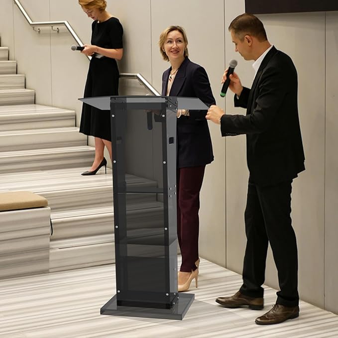Acrylic Podium Stand with Storage Shelf,Segmented Black Lecterns & Podiums,Pulpits for Churches、Conference、Speeches、Weddings、Classroom、Concert,47" H Professional Presentation Podiums