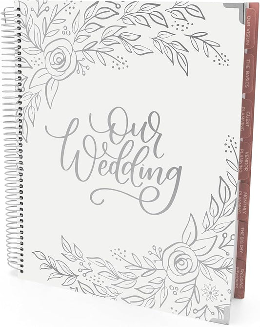 bloom daily planners Wedding Planner & Organizer/Hardcover Keepsake Journal with Essential Planning Tools - Checklists, Vision Boards, Tips & More - 9"x11" - Silver Floral (Undated)
