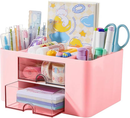 Pen Holder with Drawer, Office Desk Pen Organizer Multi-Functional Pencil Cup Makeup Brush Holder Cup Storage Office Business Card Pen Pencil Mobile Phone Stationery Holder Storage Box Pink