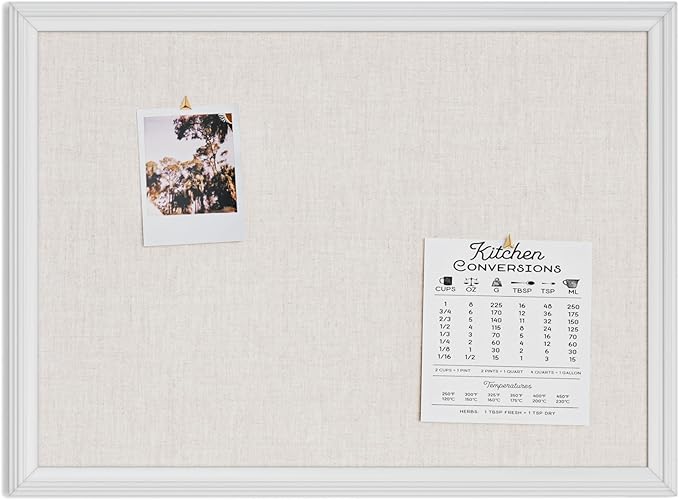 U Brands Farmhouse Linen Bulletin Board, 23"x17", White Wood Style Frame, Industrial Grade Pinning Surface