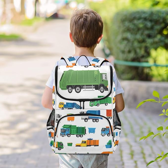Garbage Trucks Backpack with Reflective Strip for Kids Boys Girls Elementary School Bag Removable Chest Strap