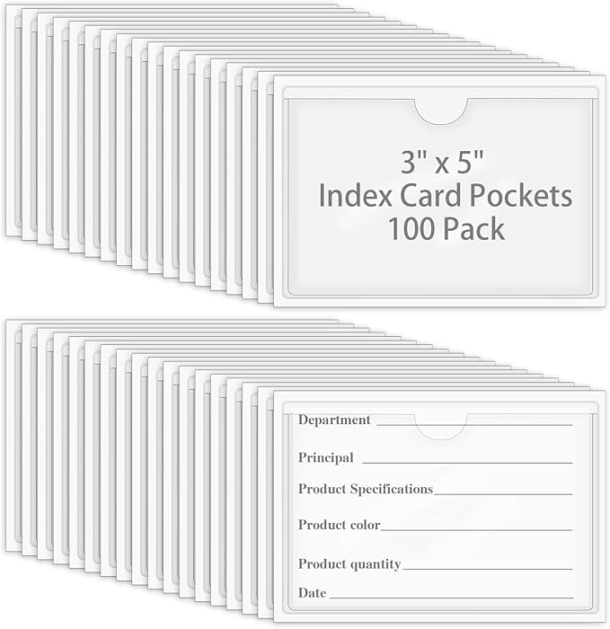 100 Pack Self-Adhesive 3" x 5" Index Card Pockets with Top Open for Loading, Clear Plastic Index Card Lables Holder for Organizing Storage Bins and Protecting Cards Photos Labels
