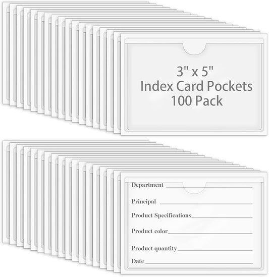 100 Pack Self-Adhesive 3" x 5" Index Card Pockets with Top Open for Loading, Clear Plastic Index Card Lables Holder for Organizing Storage Bins and Protecting Cards Photos Labels