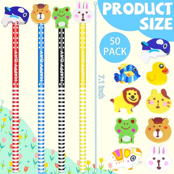 50 Pack Assorted Colorful Cartoon Animal Pencil With Erasers, Fun Pencils For Kids, Bulk Pencils With Animal Eraser Toppers,Party Favor Pencils For Kids Novelty Pencils