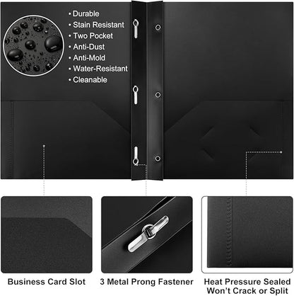 Cholemy 6 Pcs Plastic Pocket Folders with Prong 2 Heavy Duty Pockets Folders with 3 Prongs Letter Size Paper Folders Bulk File Plastic Folders with Fasteners for Office Workers (Black)